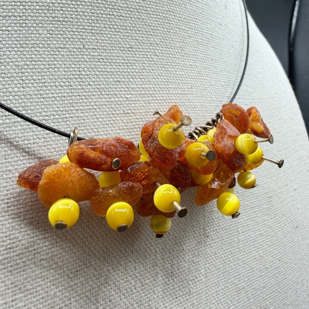 Amber Chip Bead Cluster Necklace Bohemian Statement Artisan Festival Gift
